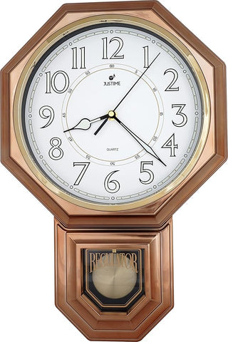 JUSTIME Traditional Schoolhouse Luminious Arabic Regulator Wall Clock, Chiming Wall Clocks with Pendulum & Westminster Chime Hourly, Schoolhouse Wall Decor Battery Operated (Vintage Copper)