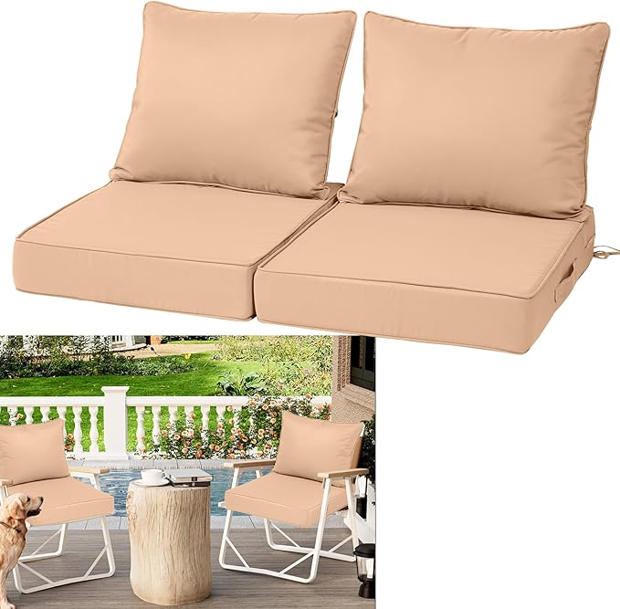 Waterproof Outdoor Chair Cushion Set of 2, 22x22x4 IN Deep Seat Patio Cushions with Fade Resistant Removable Cover,Outdoor Cushions for Patio Furniture with Ties&Handle for Chair Sofa Couch,Beige