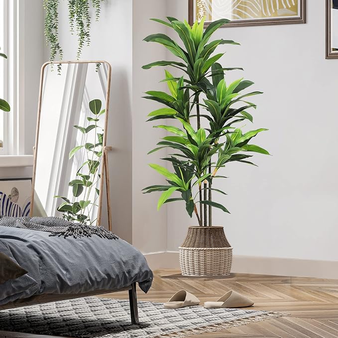 VIAGDO Dracaena Silk Plant Artificial 5ft Faux House Plants Evergreen Dracaena Marginata Fake Yucca Palm Trees in Pot Realistic Dragon Tree for Living Room Home Office Decor Indoor Outdoor