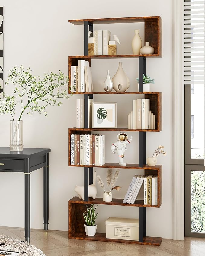 Yusong Geometric Bookcase, S Shaped Bookshelf 6-Tier Book Shelves for Bedroom, Modern Wood Decorative Display Shelf Tall Book Case for Home Office, Bown and Black