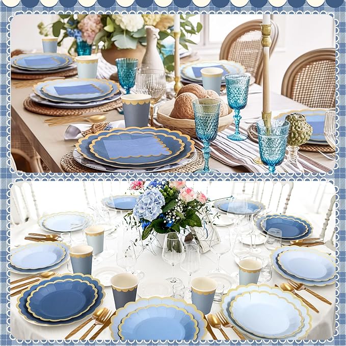 338 Pcs Dusty Blue Plates and Napkins Party Supplies for Guests Blue Tableware Include Scalloped Plates Paper Napkin Cup Spoon Fork Knife for Baby Shower, Wedding, Birthday