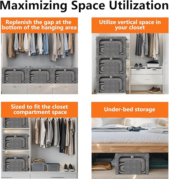 22L Stackable Clothes Storage Bins with Metal Frame, 4 Piece Stackable Clothes Organizer with Double Opening + Clear Window Design for Cabinets, Under Beds, Storage and Garage Gray