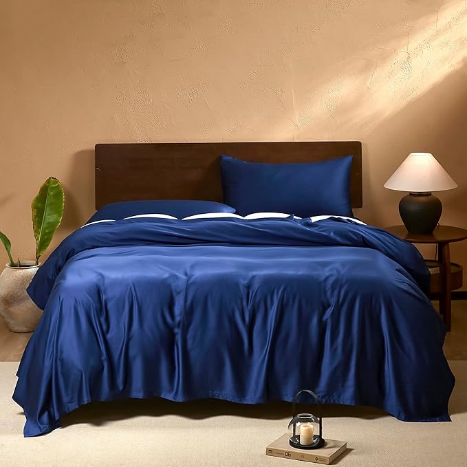 EVERLY King Sheets Set,Luxuriously 400 Thread Count Organic Viscose Derived from Bamboo Bed Sheet,Cooling Sheets for King Size 4 Piece Deep Pockets Bedding Sheets &Pillowcases-Navy Blue