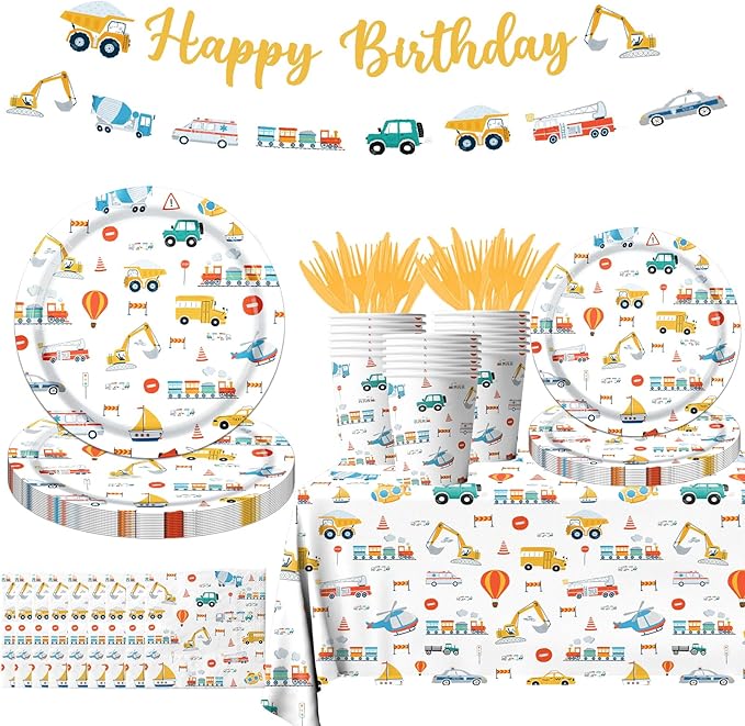 Transportation Birthday Party Supplies,142Pcs Transportation Paper Plates and Napkins Set for Table Decorations Truck Theme Party Decorations for Boy Birthday,Baby Shower Party