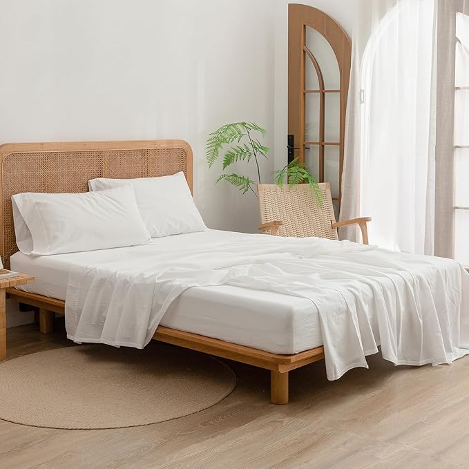 BESTOUCH Sheet Set 100% Washed Cotton Linen Feel Super Soft Comfortable Chic Lightweight 4 Pcs Home Bedding Set Solid Off White Full