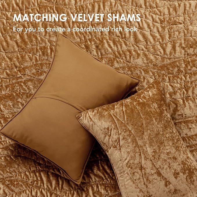 EVERGRACE Luxury Velvet Quilt King Size, Ultra Soft Wave Crushed Velvet Bedding Set, Lightweight Quilted Comforter Set for All Season, Oversized Bedspread Coverlet with 2 Shams, Harvest Gold