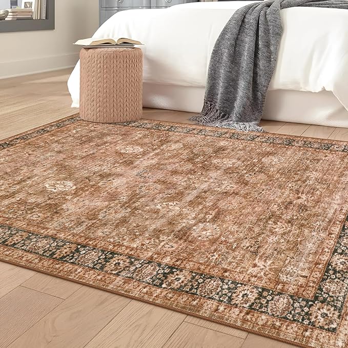 Morebes Vintage Area Rug 4x6 -Washable Brown Living Room Rug, Soft Rug for Bedroom Non-Slip Non-Shedding Faux Wool Throw Rug Distressed Large Carpet for Farmhouse Office Indoor