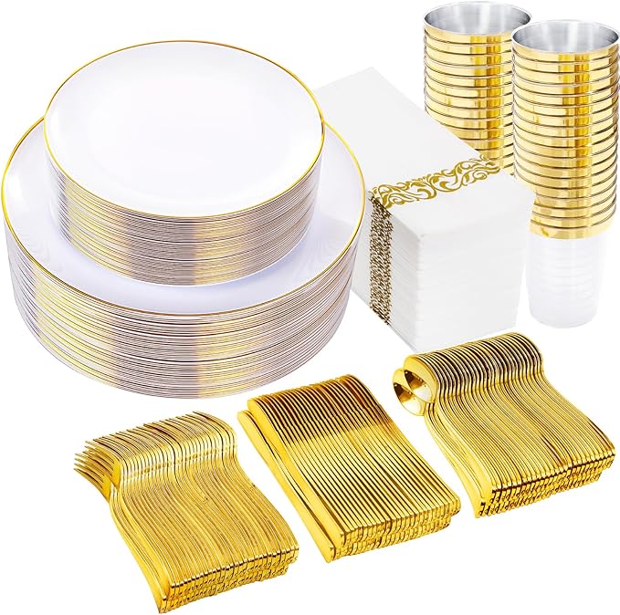 Supernal 350pcs White and Gold Plastic Plates,Gold Plastic Dinnerware for 50 Guests Include 100 White Disposable Plate, 150 Gold Silverware Set, 50 Disposable Cups, 50 Napkins
