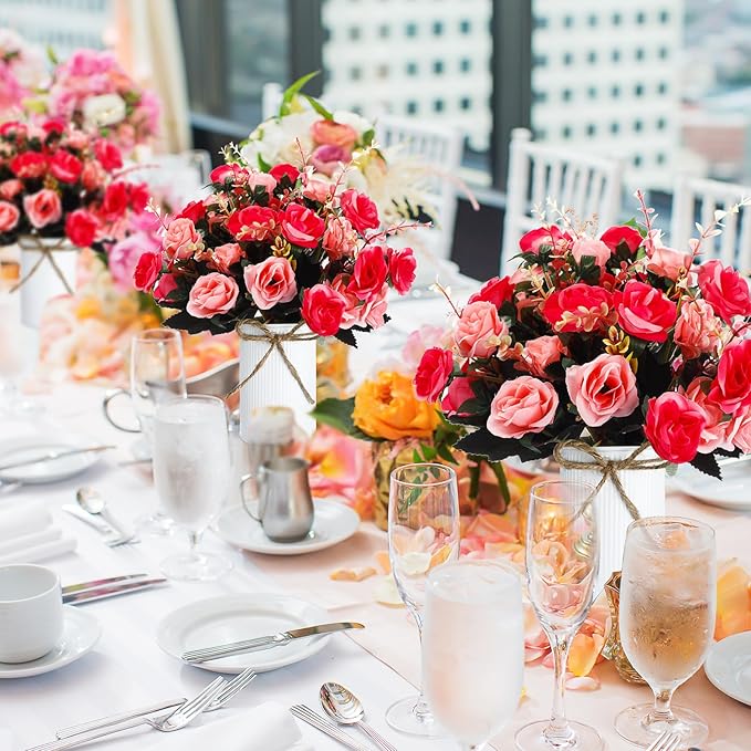 Domensi 12 Sets Wedding Centerpiece for Table Artificial Rose with Vase Fake Bouquets and Metal Pot Floral Arrangements for Holiday Party Event Table Decor (Rose Red)