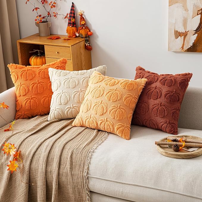 MIULEE Fall Pumpkin Pillow Covers 18x18 Inch Set of 4 - Soft Cozy Plush Decorative Pillows with Embroidered Pumpkin Pattern Autumn Halloween Holiday Decor for Sofa Couch Bed Living Room,Rust-Beige
