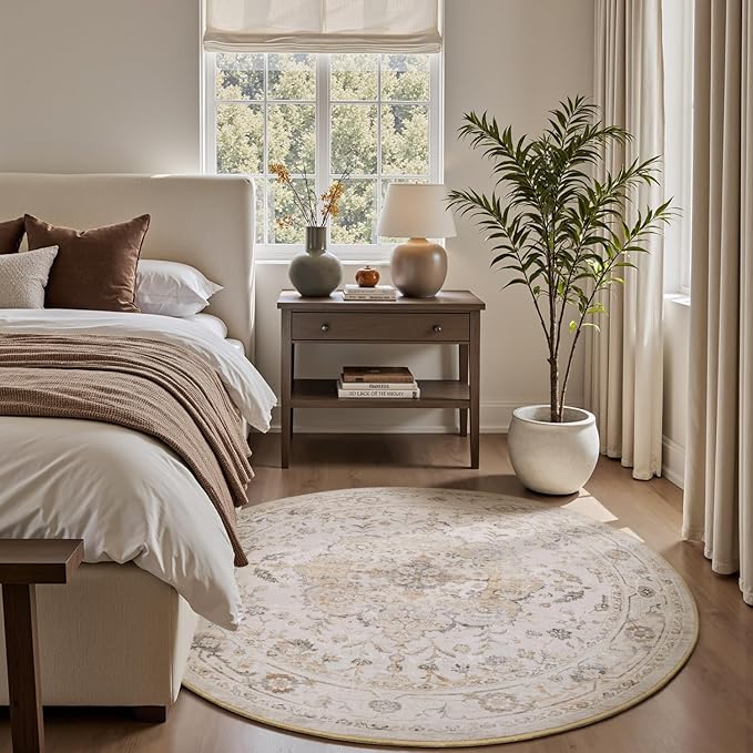 PADOOR-Vintage 6FT Round Rug-Rugs for Living Room-Soft Beige Circle Rug-Machine Washable Rugs for Bedroom-Non Slip Carpet-Rug for Dining Room Living Room Bedside Office
