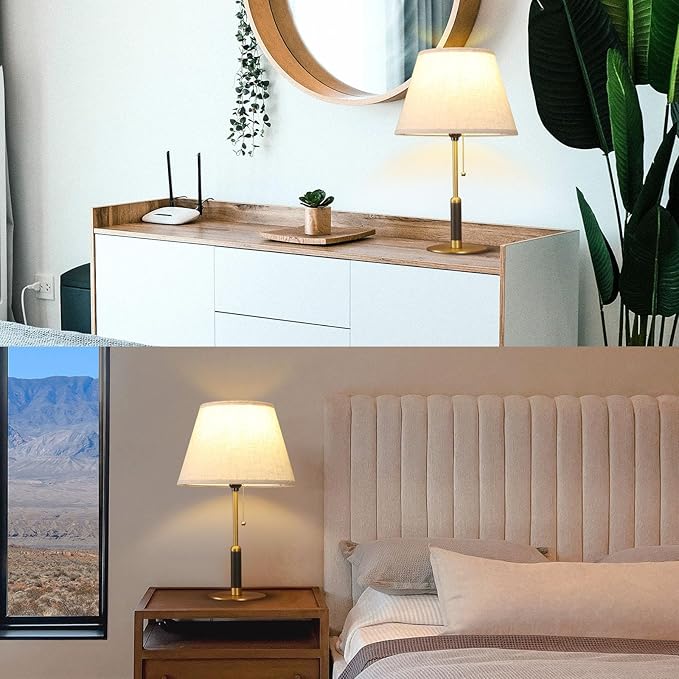 21" Bedside Lamps for Bedroom Living Room Modern Table Lamp Nightstand Lamp for End Tables 3-Color Temperatures Pull Chain Switch Wood Fabric for Home/Office/Desk Decor (Light Brown+Brass)