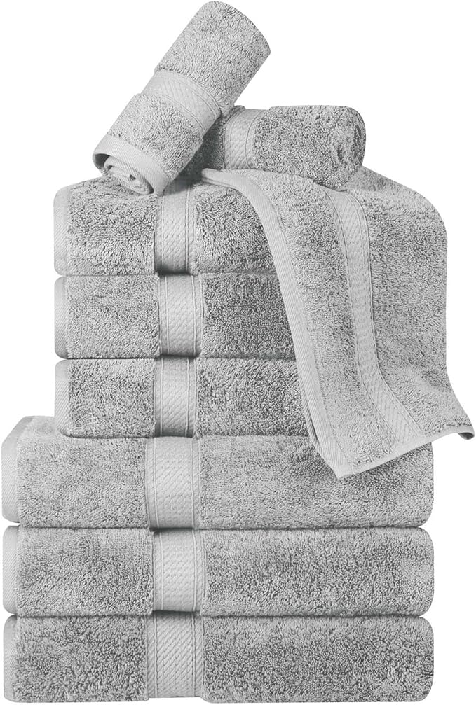 BNM Egyptian Cotton Heavyweight Towels, Ideal For Bathroom, Shower, Spa, Hotel, 800 GSM, Face/ Washcloths, Hand Towels, Bath Towels, Highly-Absorbent, Luxury Home Basics, 9 Piece Towel Set, Silver