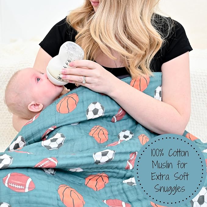 LollyBanks Muslin Baby Blanket 100% Organic Cotton, Muslin Quilt Lightweight, 6 Layers Baby Blankets 47"x 47", Muslin Blanket for Boys, Nursery Receiving Blankets (Sports, Balls Print)