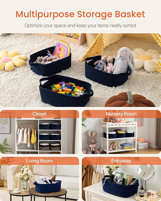 KALLAX Small Woven Basket, 14 x 10 x 5.6 Inches, Small Storage Baskets for Organizing, Gift Baskets Empty, Cute Rope Shelf Closet Storage Bins for Shelves, Dog Toy Basket, Navy Blue