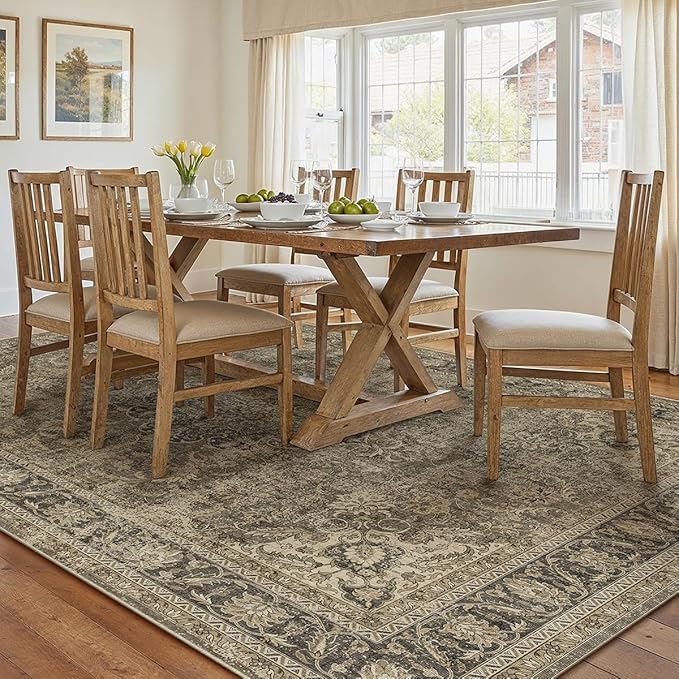 10x12 Brown Vintage Area Rug for Living Room Bedroom Large Traditional Low Pile Soft Carpet Non-Slip Thin Retro Distressed Accent Washable Throw Rug for Dining Room Office Kitchen Indoor
