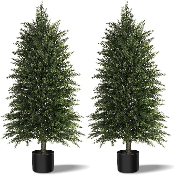 4FT Artificial Cedar Trees Set of 2, Realistic Faux Evergreen Topiary Bushes Plants, Outdoor Potted Fake Cypress Shrubs for Front Porch Garden Home Living Room Decor