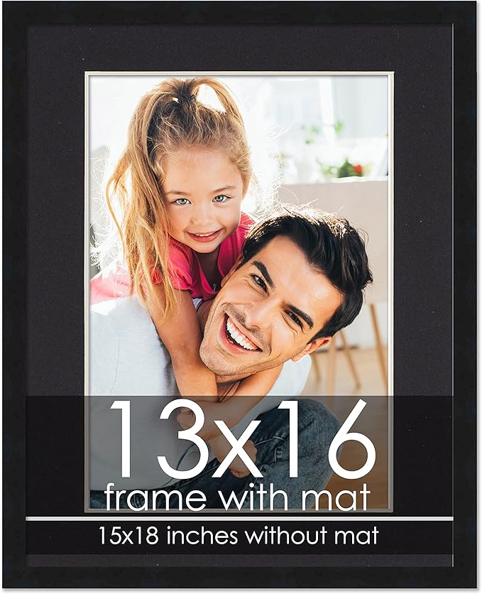 13x16 Frame with Mat - Black 15x18 Frame Wood Made to Display Print or Poster Measuring 13 x 16 Inches with Black Photo Mat