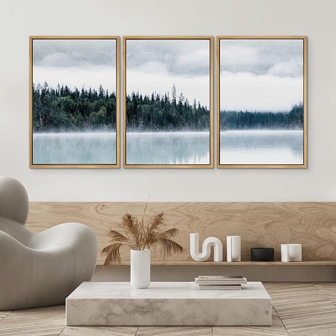 SIGNWIN Framed Canvas Print Wall Art Set Film Grain Cinematic Mountain Forest Lake Nature Wilderness Photography Modern Art Landscape Relax/Calm for Living Room, Bedroom, Office - 24"x36"x3 Natural