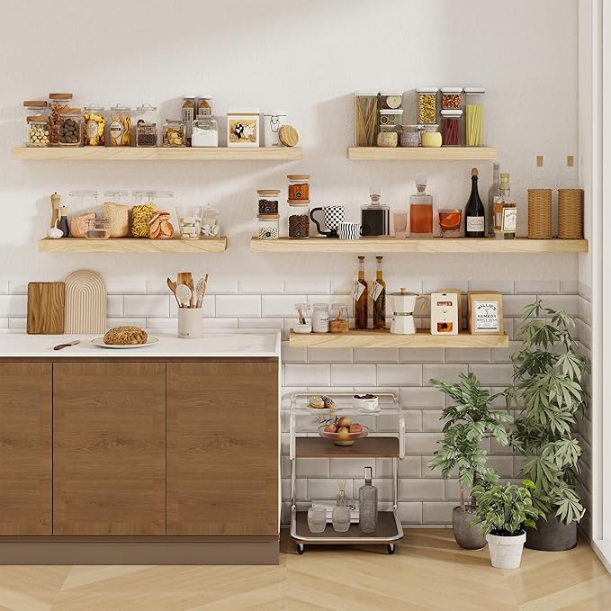 fuqing Floating Shelves for Wall - 48 Inch Natural Wood Shelves Set of 1-48W x 9.3D x 1.6H Wall Mounted Shelves with Upgraded Metal Brackets for Room Wall