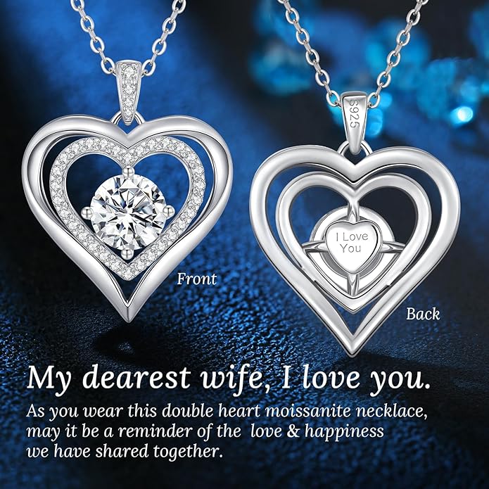 Moissanite Heart Pendant Necklaces for Women, 925 Sterling Silver Gold Plating Lab-Created Gem Necklace Engraved with 'I LOVE YOU', Ideal Anniversary Birthday Christmas Valentine Engagements Mothers Day Jewelry Gifts for Mom Wife Girlfriend Daughter Her