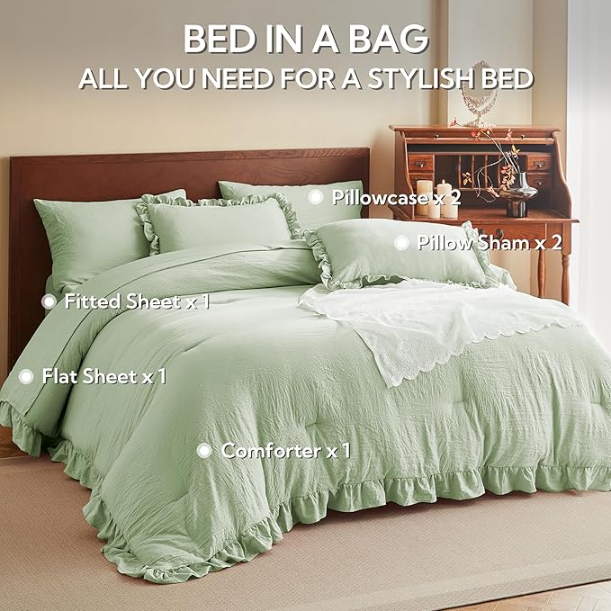 MR&HM Full Ruffle Comforter Set Light Green, Farmhouse Shabby Chic Bedding Set, Boho Bed in a Bag Set 7 Pieces with 1 Comforter, 1 Flat Sheet, 1 Fitted Sheet, 2 Pillowcases & 2 Pillow Shams