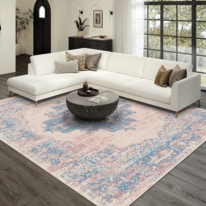 vivorug 6x9 Area Rugs, Ultra-Soft Washable Rug for Living Room Dinner Room Bedroom, Non-Slip Vintage Rug, Indoor Carpet Large Area Rug, Pink