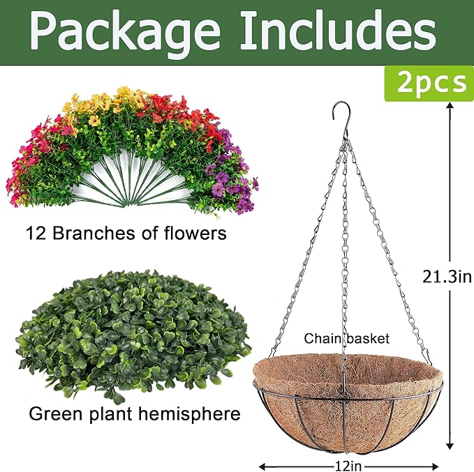 Orgrimmar 2 Pack Artificial Hanging Flowers Basket Outdoor Fake Hanging Plants UV Resistant Realistic Silk Flowers Eucalyptus in Coconut Lining Baskets for Home Porch Balcony Patio Yard Muti-Color