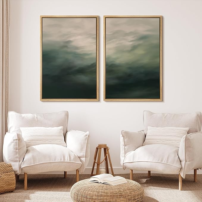 MUDECOR Framed Canvas Print Wall Art Dark Green Abstract Misty Landscape Moody Illustrations Modern Art Decorative Chic for Living Room, Bedroom, Office - 16"x24"x2 Natural