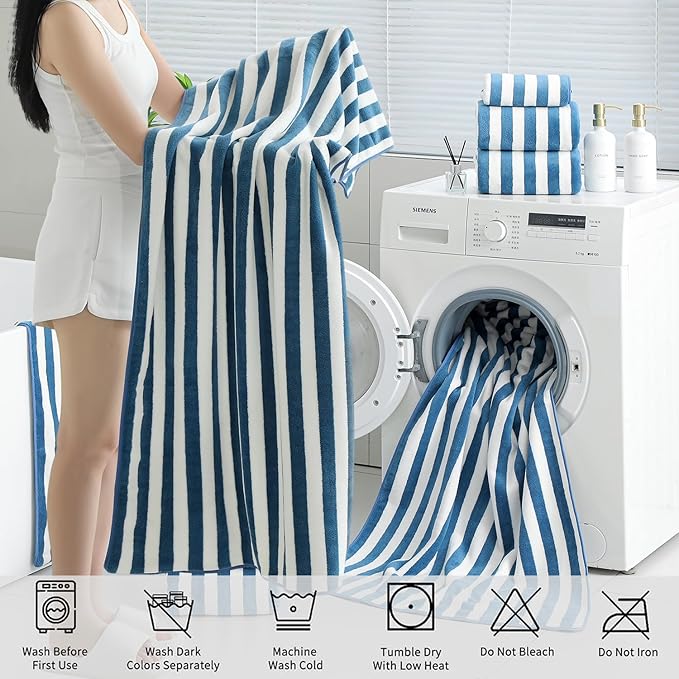 18 Pcs Navy Cabana Stripe Family Towels Set with Hanging Loop-6 Bath Sheets,6 Hand Towels,6 Washcloths Ultra Soft Bathroom Towel Highly Absorbent Quick Dry Shower Towel for Beach Chair,Spa,Gym,Hotel