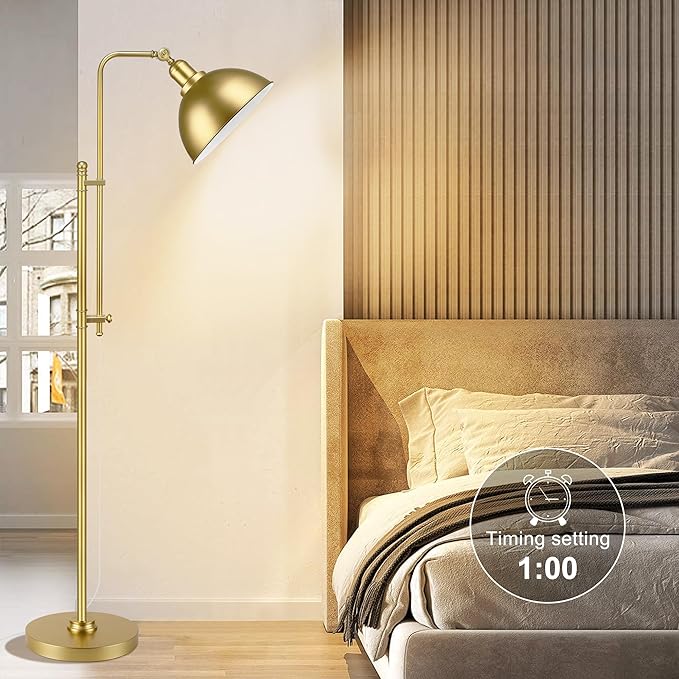 PARTPHONER Industrial Floor Lamp Adjustable, Rustic Farmhouse Reading Lamp in Aged Gold Finish, Modern Standing Lamp with Remote Control Metal Shade for Living Room Bedroom Study Room Office Hotel