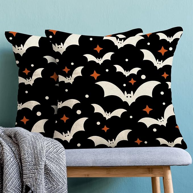 Halloween Pillow Covers 18x18 Pack of 2 Black Beige Bat Throw Pillow Covers Outdoor Decor,Autumn Halloween Decoration Black Pillowcase Farmhouse Linen Decorative Cushion Case for Sofa Couch