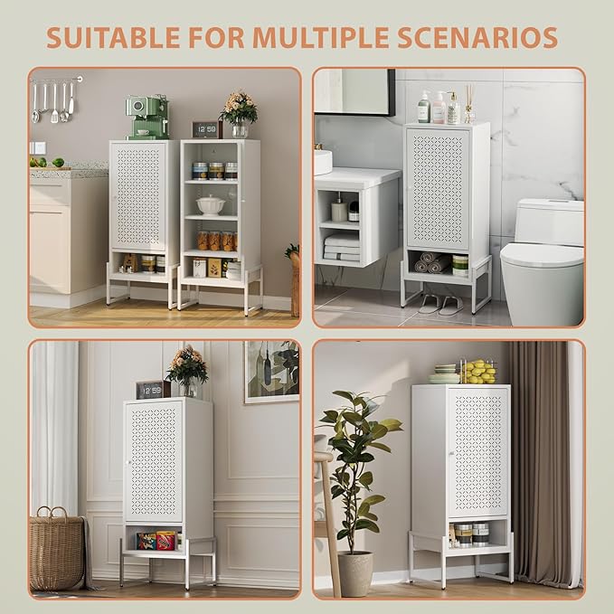 LEYNOT Small Bathroom Storage Cabinet 42.51“H Metal Bathroom Floor Cabinet with Adjustable Shelves for Pantry，Kitchen, Home Office, Living Room, Dinning Room (White)