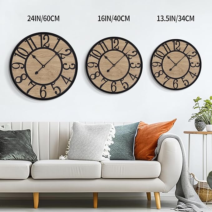 LEIKE Large Wall Clocks Living Room Decor,Non Ticking Silent,Battery Operated Small Round Modern Wood Wall Clock for Bedroom,Kitchen,Farmhouse,Office Vintage Home Decor-13.5" -Arabic Number