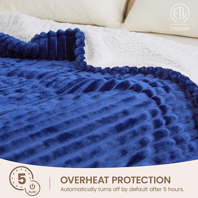 Heated Blanket Electric Blanket 50"x60", Soft Flannel Sherpa Electric Throw with 5 Heating Level & 1-12 Hour Auto Off, Heated Throw with Overheating Protection, Machine Washable (Navy Blue)