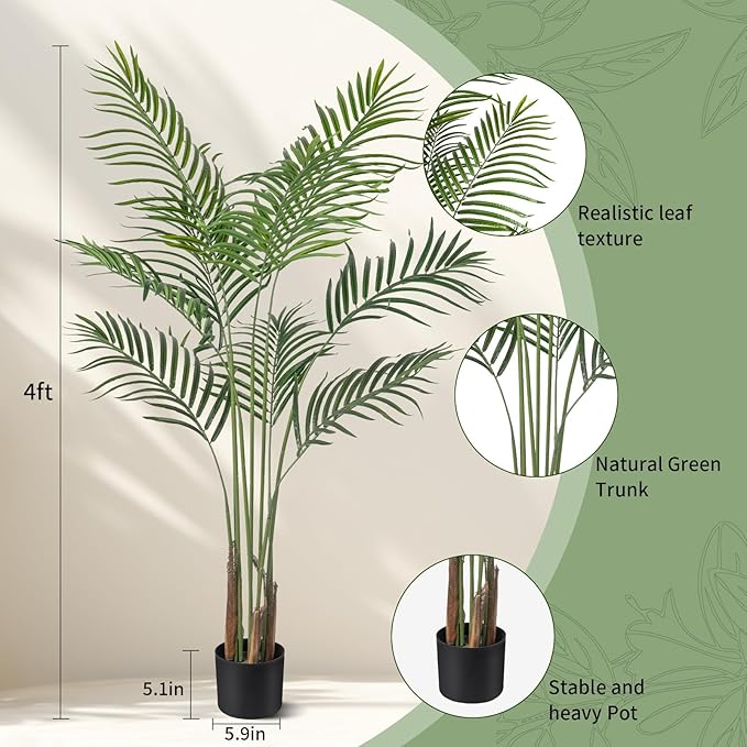 Artificial Palm Tree 4ft Tall Fake Palm Tree Indoor Decor Faux Tropical Areca Floor Plant in Pot, Artificial Silk Plant for Home Office Living Room Decor Indoor