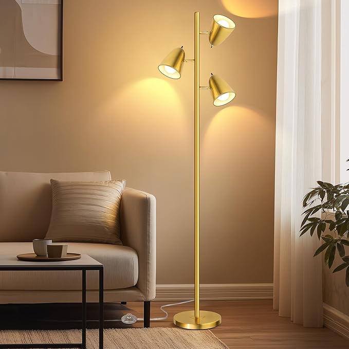 QiMH Tree Floor Lamp with 3 Light Bulbs, Standing Tall Pole Lamps for Living Room Bedroom Office, Reading Stand up Lamps with 3 Adjustable Arms, Brushed Gold