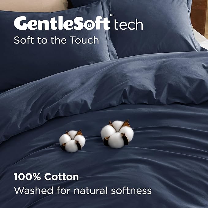 Bedsure 100% Washed Cotton Duvet Cover King Size - Navy Minimalist Cotton Duvet Cover Linen Like for All Seasons - GentleSoft™ Plain Simple Bedding, 3 Pieces (Navy, King, 104"x90")