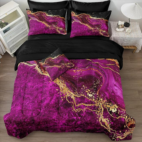 Black Gold Comforter Set 8 Pcs Hot Pink Marble Bedding Set Queen Size Bed in A Bag Purple and Black Marble Stone Texture Abstract Room Decor Black Marble Bed Comforter