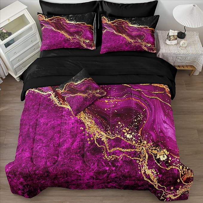 Black Gold Comforter Set 8 Pcs Hot Pink Marble Bedding Set King Size Bed in A Bag Purple and Black Marble Stone Texture Abstract Room Decor Black Marble Bed Comforter