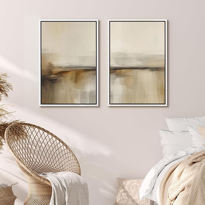 MUDECOR Framed Canvas Print Wall Art Set Abstract Beige and Brown Gradient Neutral Minimalist Landscape Illustrations Modern Art Decorative Calm for Living Room, Bedroom, Office - 16"x24"x2 White