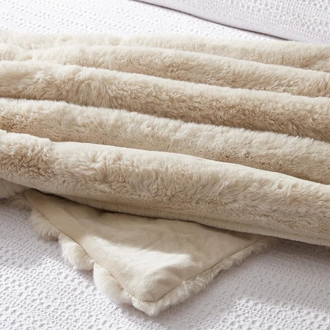 WDCOZY Faux Fur Throw Blanket Striped Super Soft Cozy Fluffy Luxurious Blankets Couch Bed Sofa Chair Home Decor Warm Furry Fall Winter Plush Lightweight Rabbit Fur Bubble Blanket 50" x 60", Beige
