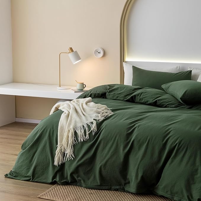 JIYUAN 100% Washed Cotton Duvet Cover Set 3 Pieces Super Queen, 1 Duvet Cover 90x98 Inches(Comforter Not Included) and 2 Pillowcases,Linen Feel Bedding Set Comfy and Breathable,Forest Green