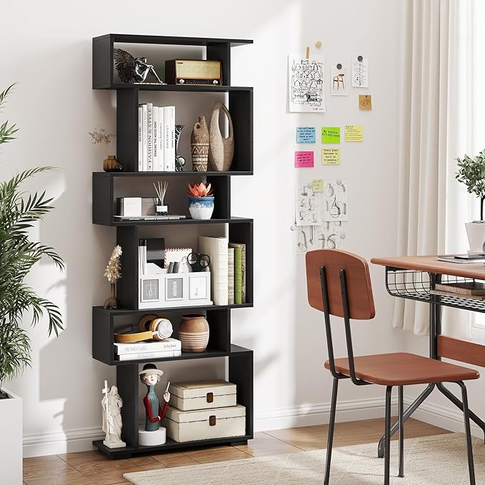 Tangkula 6-Tier S-Shaped Bookshelf, 64" Freestanding Geometric Bookcase, Home Office Wood Storage Shelf with Anti-Toppling Device, Room Divider Display Rack for Study, Living Room (1, Black)