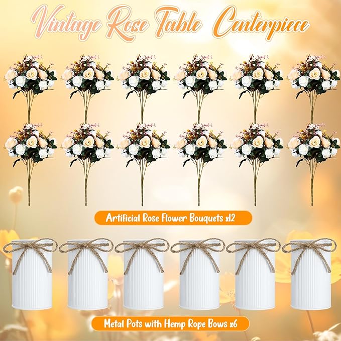 Domensi 6 Sets Wedding Centerpiece for Table Artificial Rose with Vase Fake Bouquets and Metal Pot Floral Arrangements for Holiday Party Event Table Decor (Champagne)
