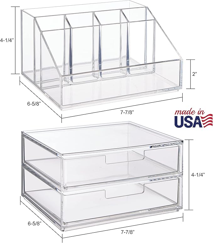 STORi Chloe Stackable Makeup Holder & Drawer Organizer Set, Clear, BPA-Free Plastic, Made in USA, Organize Brushes, Cosmetics & Beauty Essentials