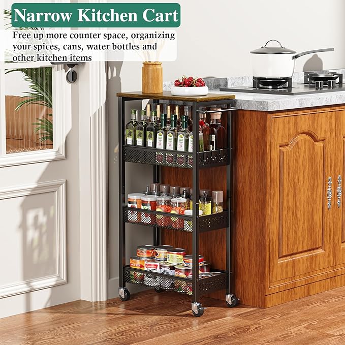 Utility Slim Storage Cart, 4-Tier Narrow Bathroom Organizer and Storage Cart, Metal Narrow Kitchen Laundry Room Organization Rack with Wood Top, Slim Rolling Shelf with Wheels for Small Space