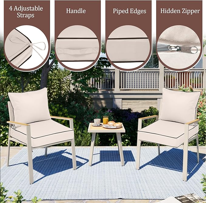 Waterproof Outdoor Chair Cushion Set of 4, 24x24x5 IN Deep Seat Patio Cushions with Fade Resistant Removable Cover,Outdoor Cushions for Patio Furniture w/ Ties&Handle for Chair Sofa Couch,Cream+Pipes