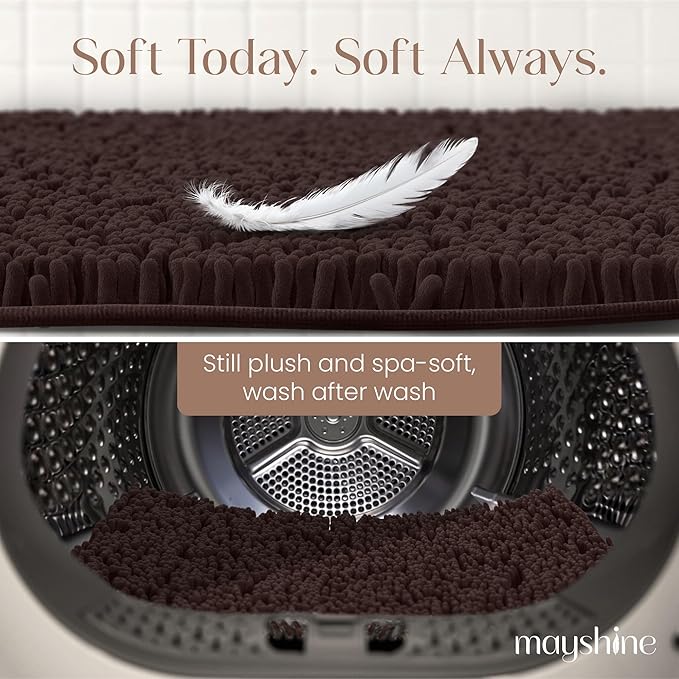 MAYSHINE Plush Shaggy Chenille Bath Mat | Extra Soft, Super Absorbent, Non-Slip Bathroom Rug | Fluffy Microfiber, Area Rug Sets for Bathroom Floor, Kitchen, Living Room | 23"x14" | Brown