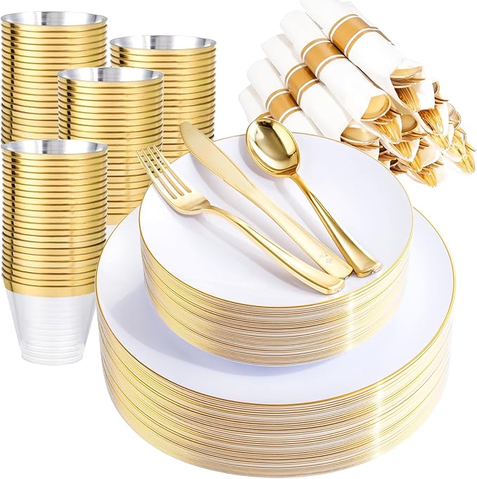 Rubtlamp 140Pcs Gold Plastic Plates, White Plates with Gold Rim, Disposable Dinnerware Include 20Dinner Platos, 20 Dessert Platos, 20Pre Rolled Napkins with Cutlery and 20 Cups for Party